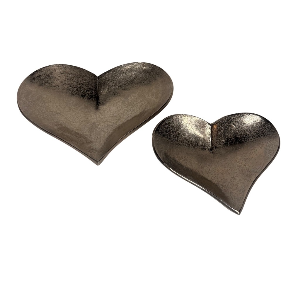Set of 2 Gunmetal Heart Shaped Decorative Trinket Tray Catchall Dishes Valentine